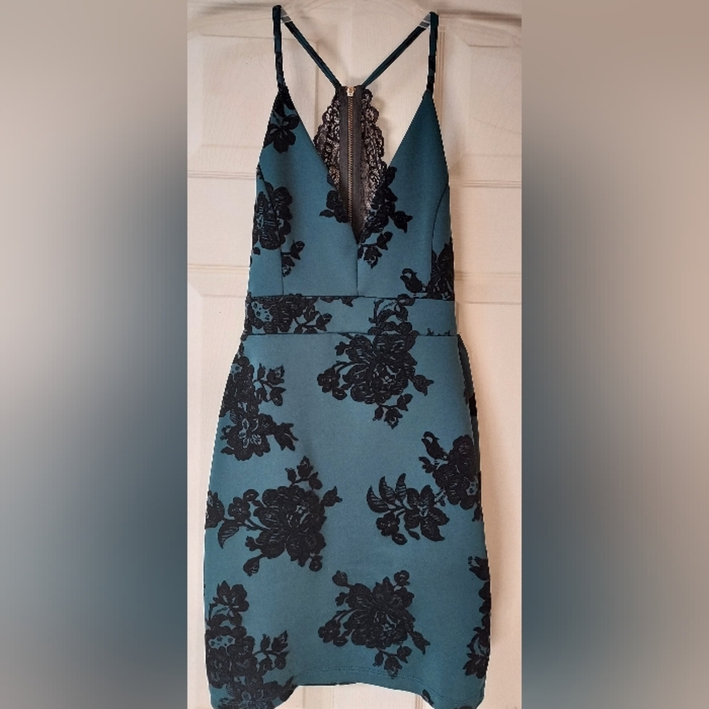 Dress Green Black Flower Lace Open Back V Neck Whimsigoth Fairy Grunge READ SIZE